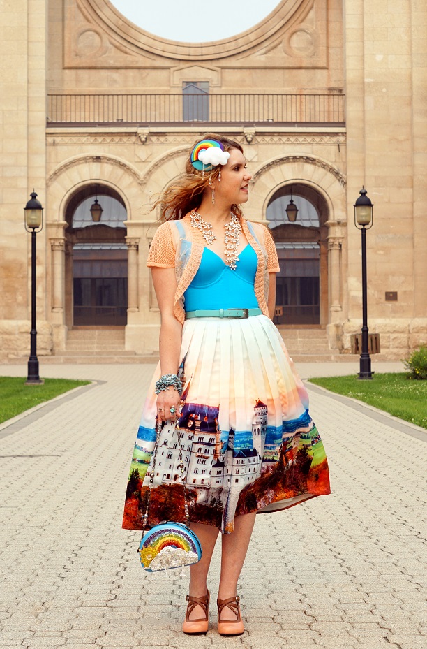 Winnipeg Style Blog Canadian Stylist Consultant, Vedette Shapewear Ava swimsuit, Chicwish New swan stone castle print midi skirt, Winners One 7 six peach sheer shrug, DIY self made rainbow fascinator hat, Aldo Accessories waterfall necklace, Mary Frances one of a kind On a cloud rainbow clutch bag, John Fluevog Bellevues Pearl Hart vintage inspired shoes